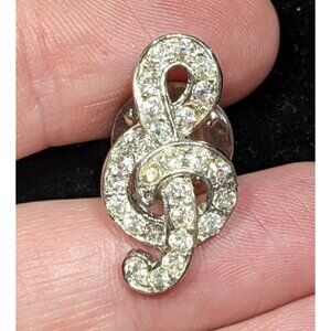 Vintage Signed Treble Clef Pave Silver Tone Lapel Pin